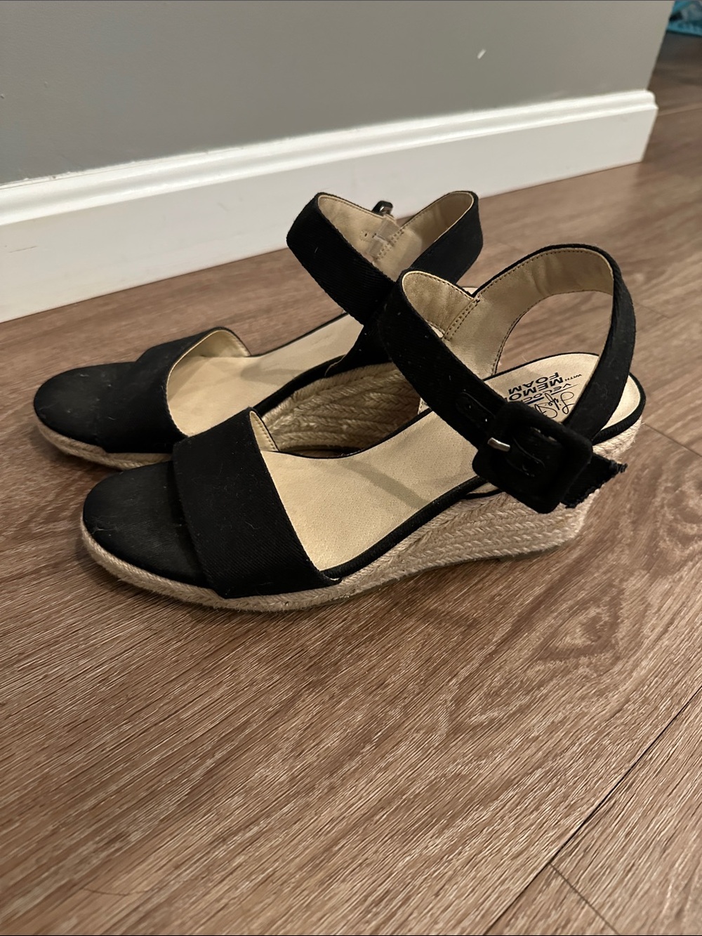 Life Stride Black Espadrille Wedge Sandals with Ankle Buckle